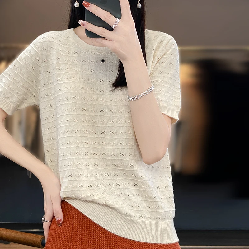 2023 Summer New 100% Cotton Knitted Short Sleeve Women\'s Thin Hollow Loose Large Size T-shirt Round Neck Solid Half Sleeve Top