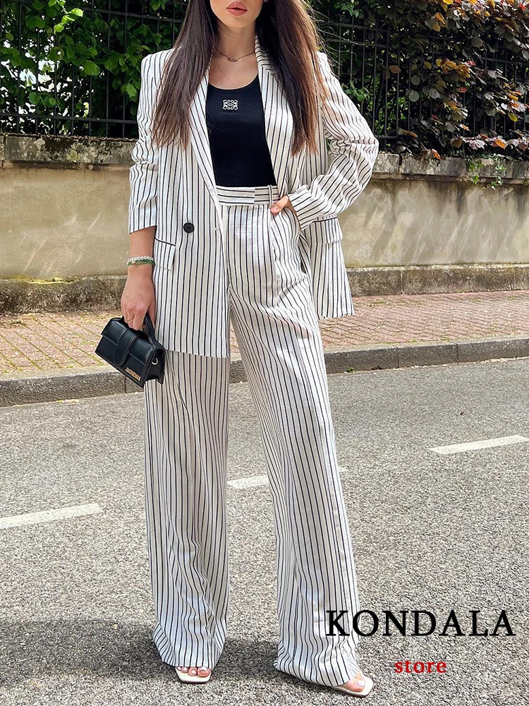 KONDALA Vintage Women Suit Stripe V Neck Single Button Pockets Blazer+Straight Loose Pants Fashion 2023 Summer Office Lady Sets