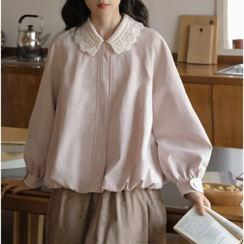 New Spring and Autumn Haze Pink Removable Doll Collar Bud Trench Coat Women's Spring Retro Loose Small Coat