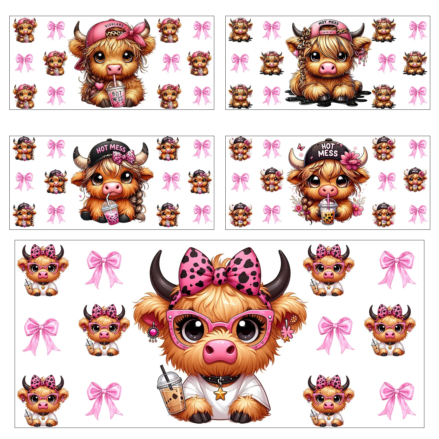 1pcs 5pcs Pink bowknot Highland cattle easy peel waterproof DIY Decals 3D transfers uvdtf stickers 16oz uv dtf cup wraps