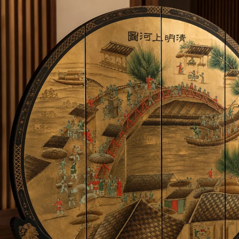 Paint gold foil plum blossom round screen folding partition Ming and Qing classical painted furniture Internet celebrity live br