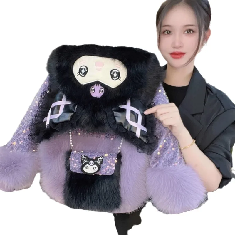 Nuovo Kawaii Sanrio Kuromi autunno inverno ragazza vestiti invernali cartone animato con cappuccio Color Block Plus velluto ispessimento regali di