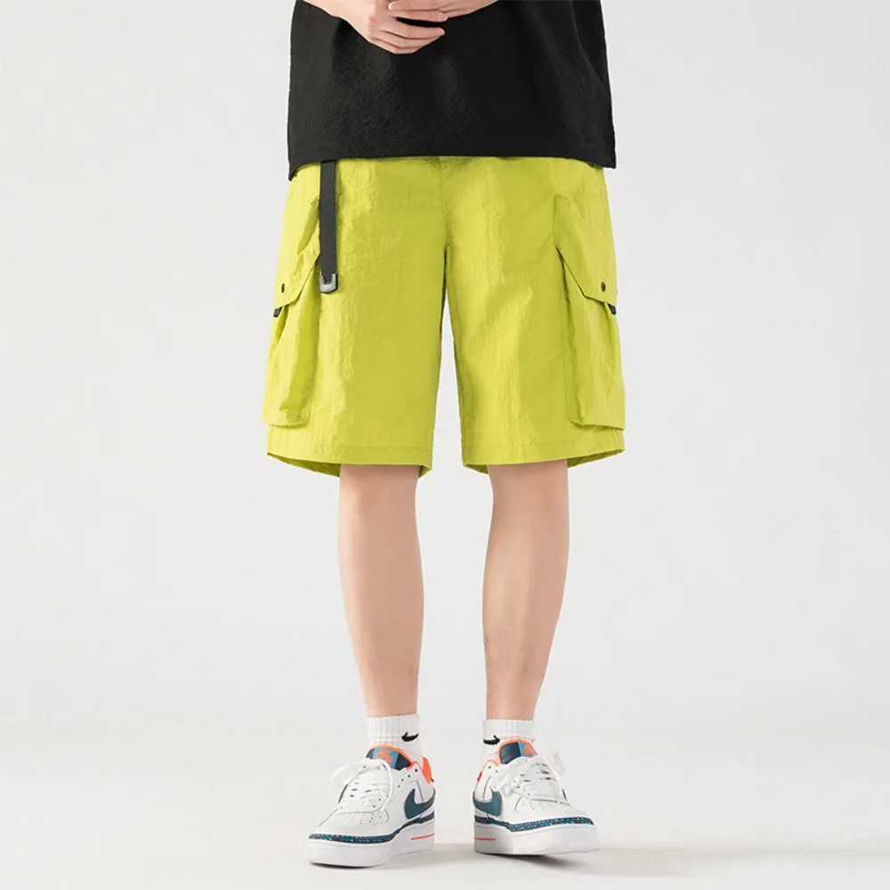 

Лето 2023, молодежные студенческие спортивные пляжные шорты-карго с карманами Y2K, мужские модные повседневные уличные брюки, свободные прямые короткие брюки из ледяного шелка