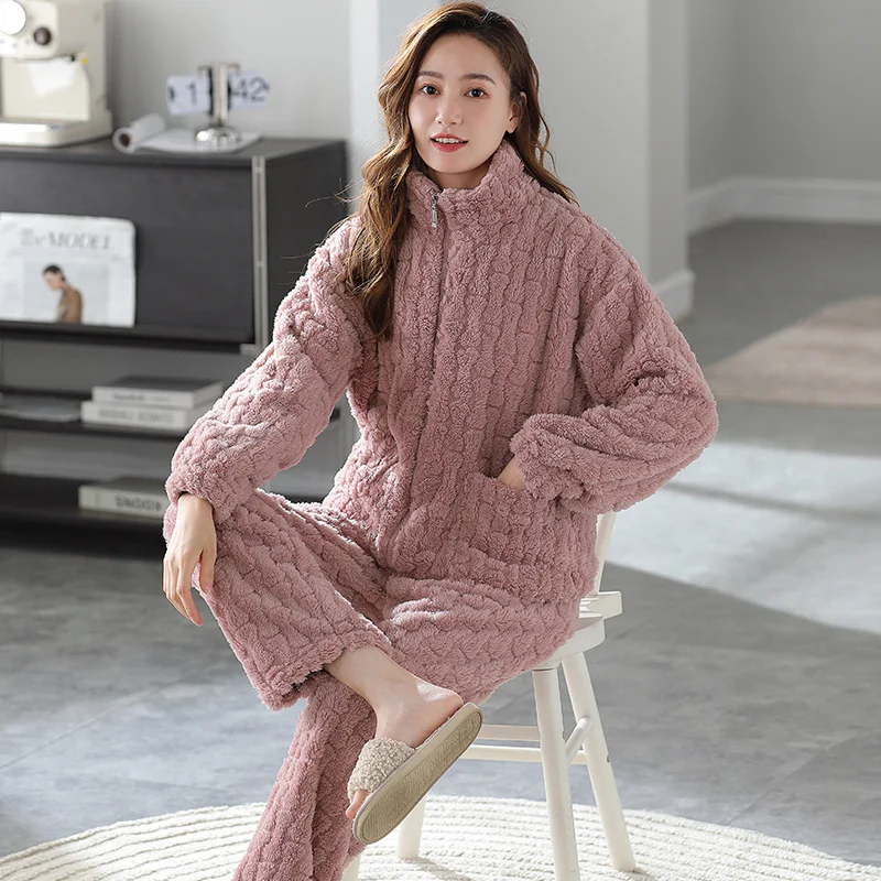 Women Coral Fleece Sleepwear Set Warm Soft Fleece Pajamas Sets Zipper Cardigan Thick Flannel Casual Lounge Wear Sets For Female