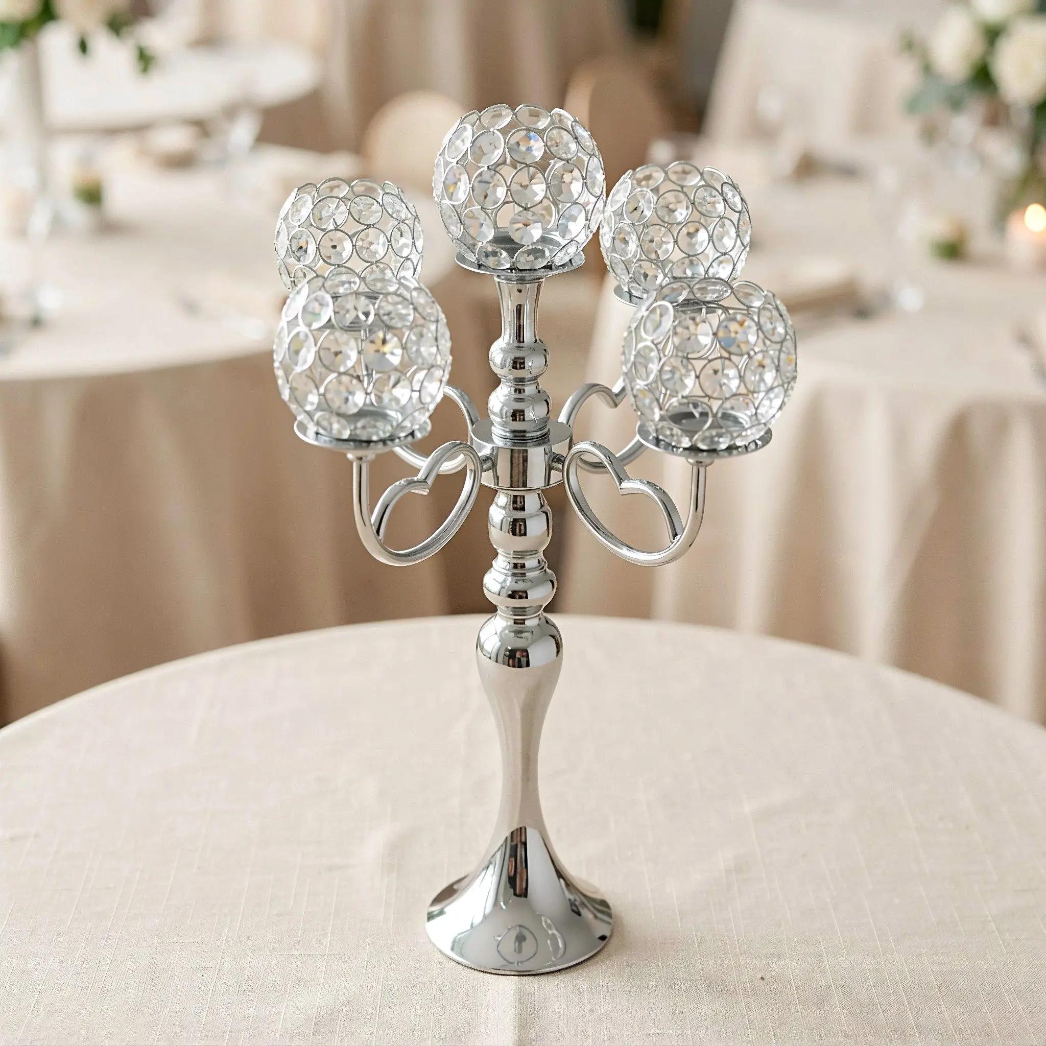 5 Arm Silver Metal Glass Candelabra, Vintage Crystal Candle Holder Elegant Table Centerpiece Glass Candlestick for Wedding Decor