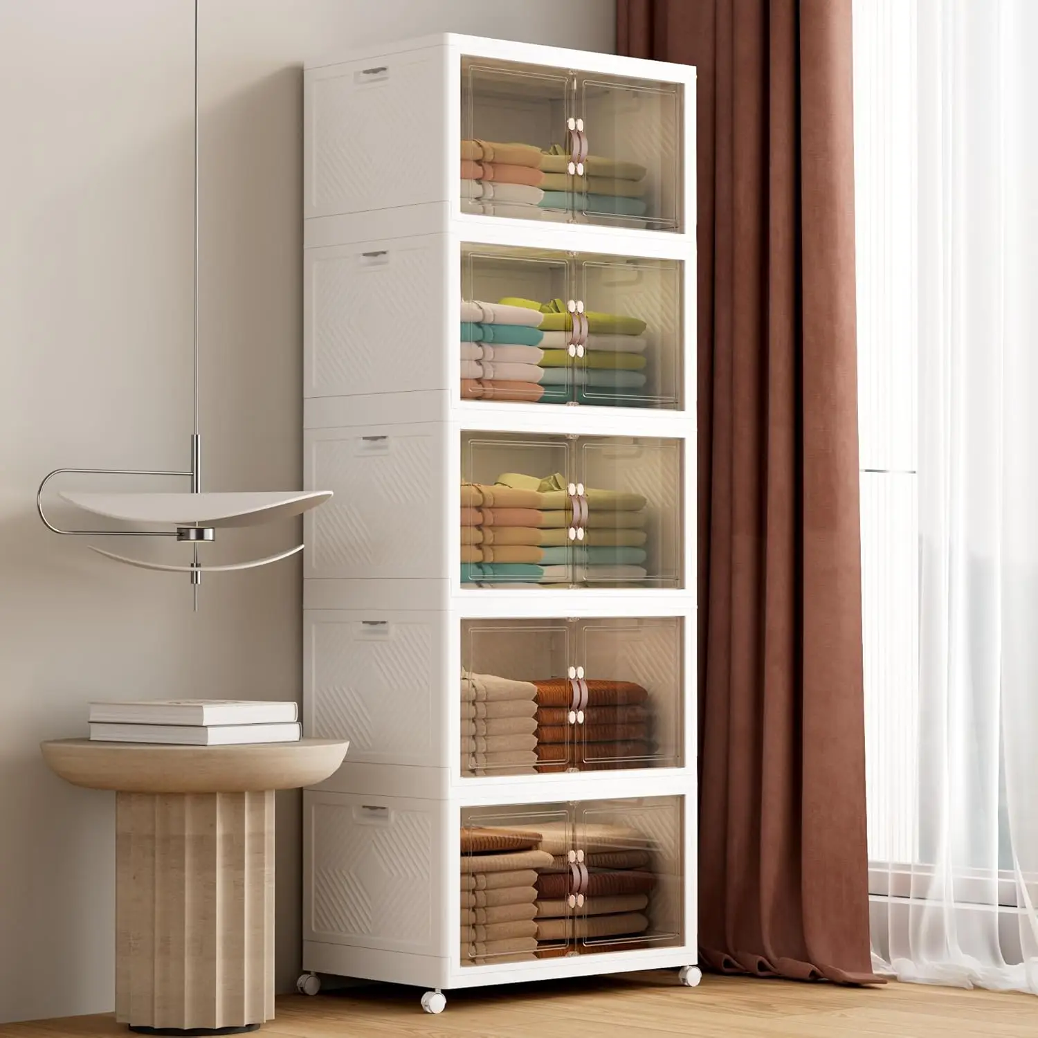 

Складные контейнеры для хранения на колесиках, 5-уровневые штабелируемые ящики для одежды и книг, вместимость 105 галлонов