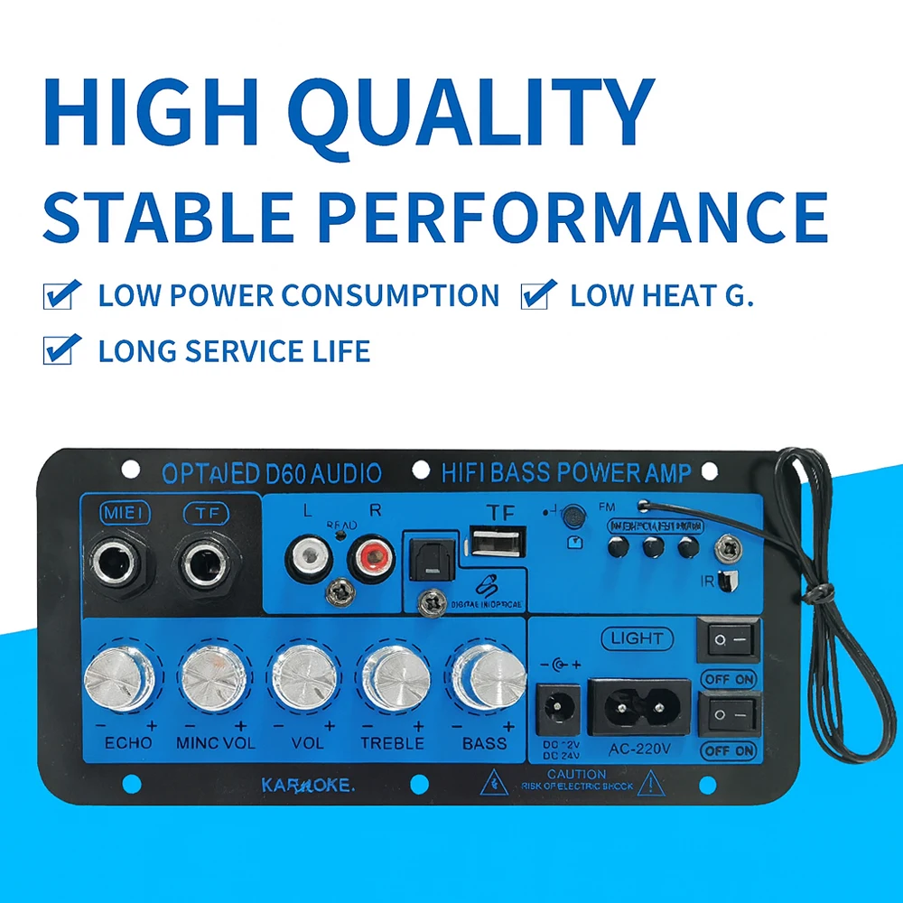 

Плата автомобильного усилителя Bluetooth с реверберацией, двойной вход микрофона, оптическое волокно, поддержка USB/TF/FM-модель P60-OP