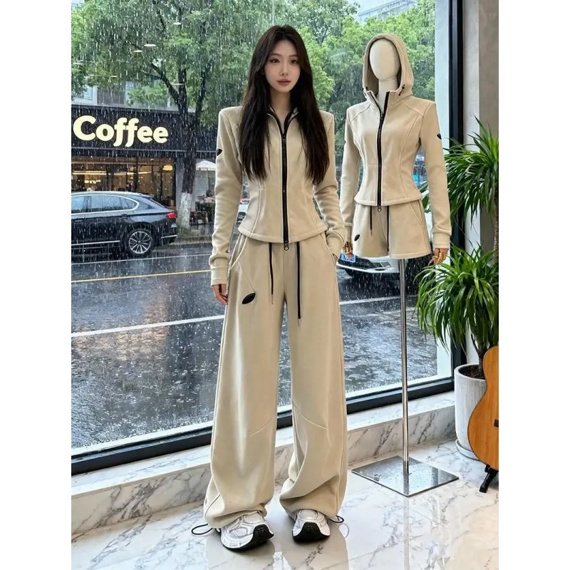 

Winter Commute Faion Women's Hooded Jaet Fce Wide Leg Pants Two Piece Set High Waist Long Pants Warm Polyester Fiber