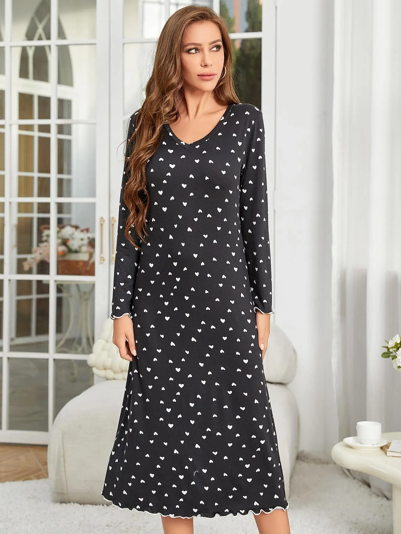 Heart Print Women Nightgown V Neck Long Sleeves Sleepwear Ruffle Hem Fall Female Nightwear Homwear Clothing Pajama Dress