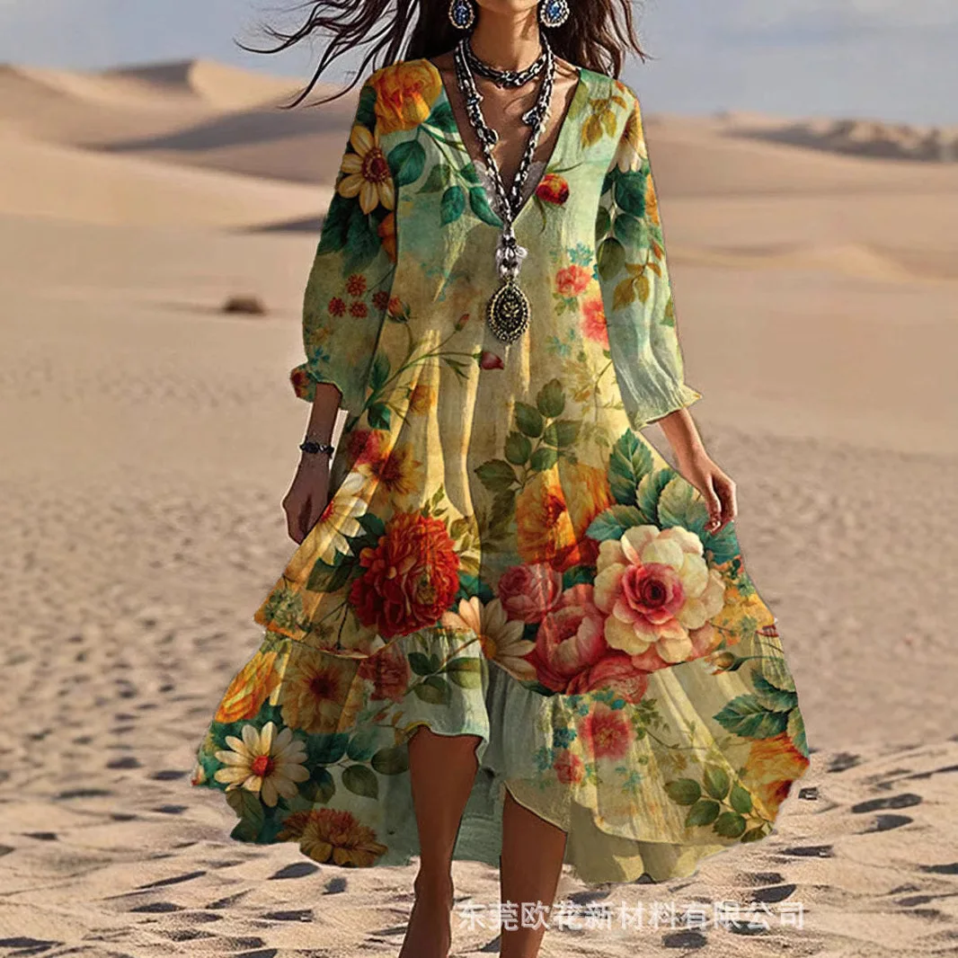 

Fashion Printed Bubble Wrinkle Long Sleeve Dress Women Summer Casual Bohemian V Neck Dress Women 2025