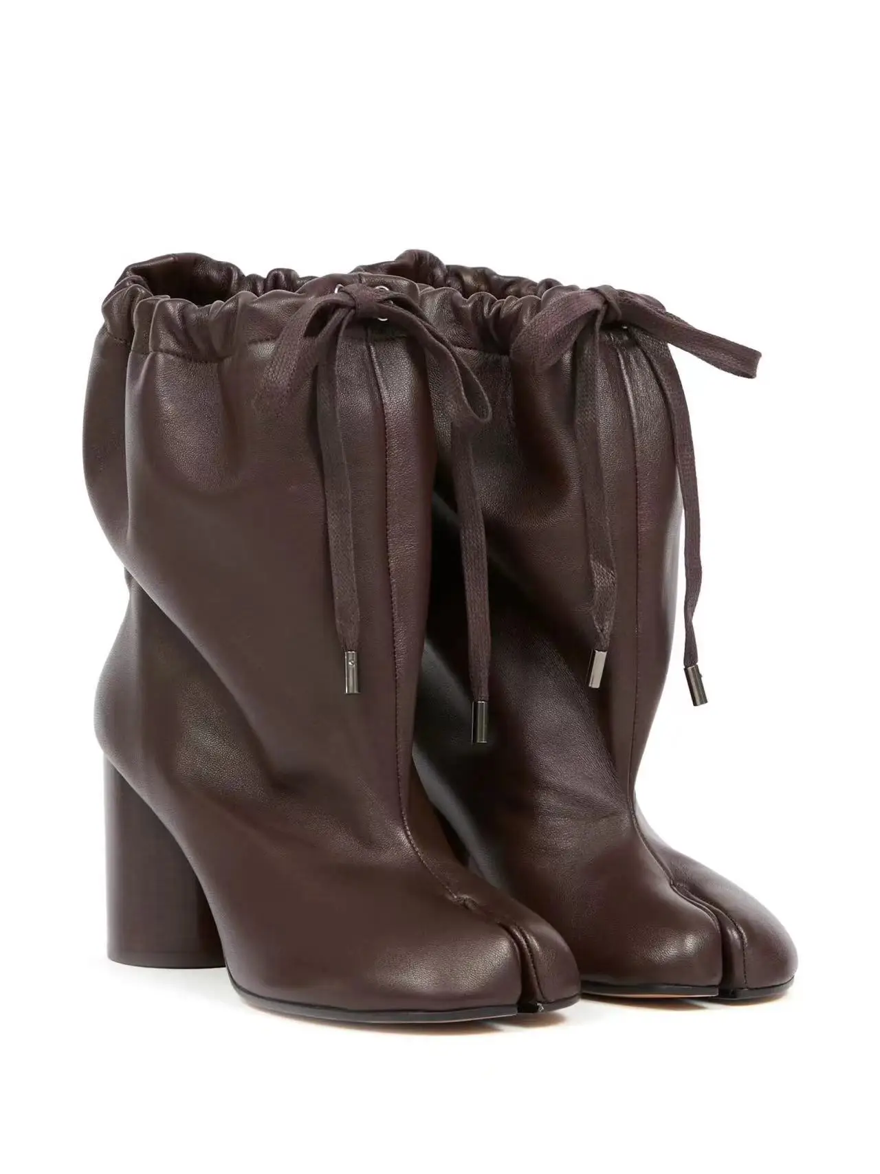 

Women Luxury Design Split Toe Tabi Boots Autumn Winter Street Style Chunky Heel Ankle Boots Pleated Drawstring Leather Shoes