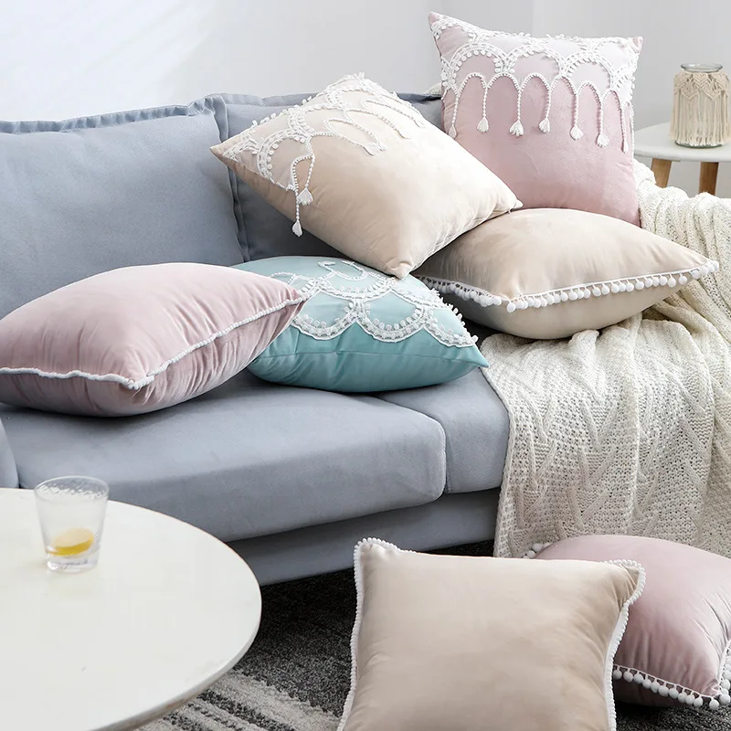 Princess style solid color velvet pillowcase waist pompom edging pillow cover decorative lace cushion cover