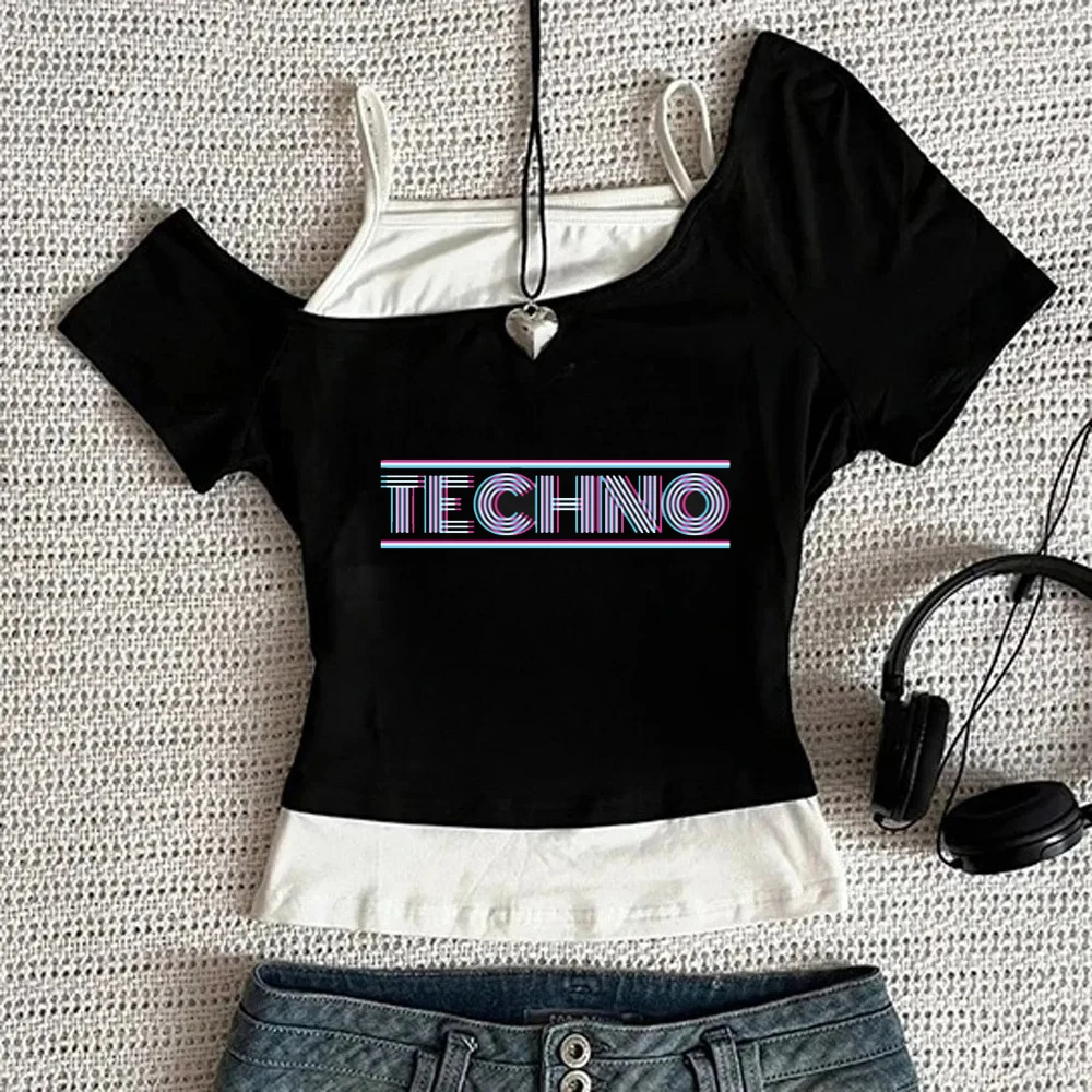 Techno crop top women graphic y2k japanese anime manga shirt emo harajuku streetwear summer gothic