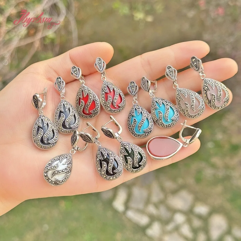 16x22mm Drop Coral Shell Stone Inlaid Marcastie Tibetan Silver Jewelry Earring For Women Gift Dangle Huggie Earring 1 Pair