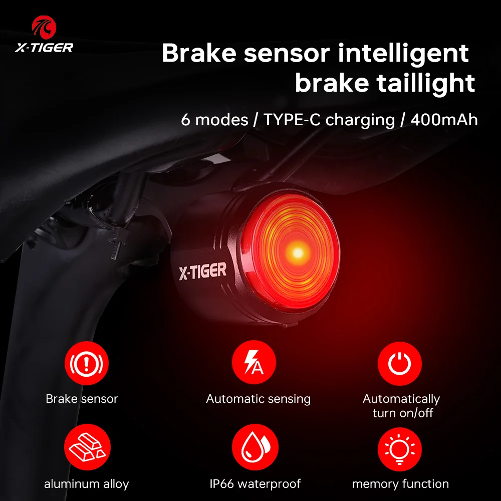 X-TIGER الضوء الخلفي الدراجة الذكية الفرامل الاستشعار ضوء سطوع عالية IPX6 إضاءة مقاومة للماء شحن الضوء الخلفي ملحقات الدراجة الجبلية #1