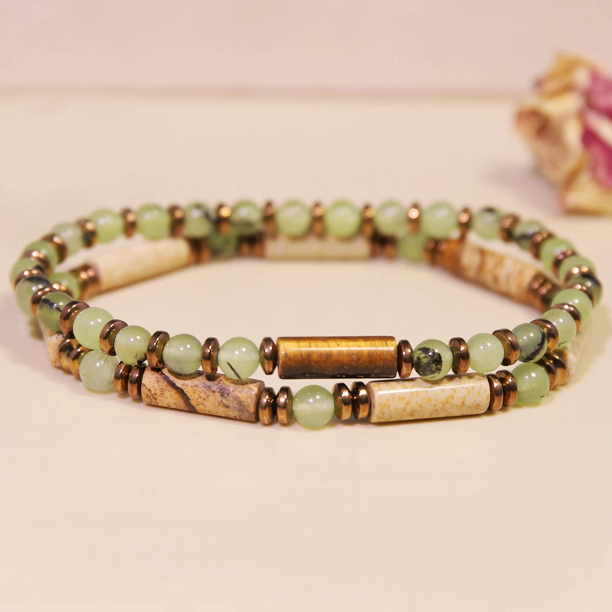 2pcs Hot-selling natural stone 4mm Canadian jade + tube bead bracelet set, suitable for daily wear and gifting.