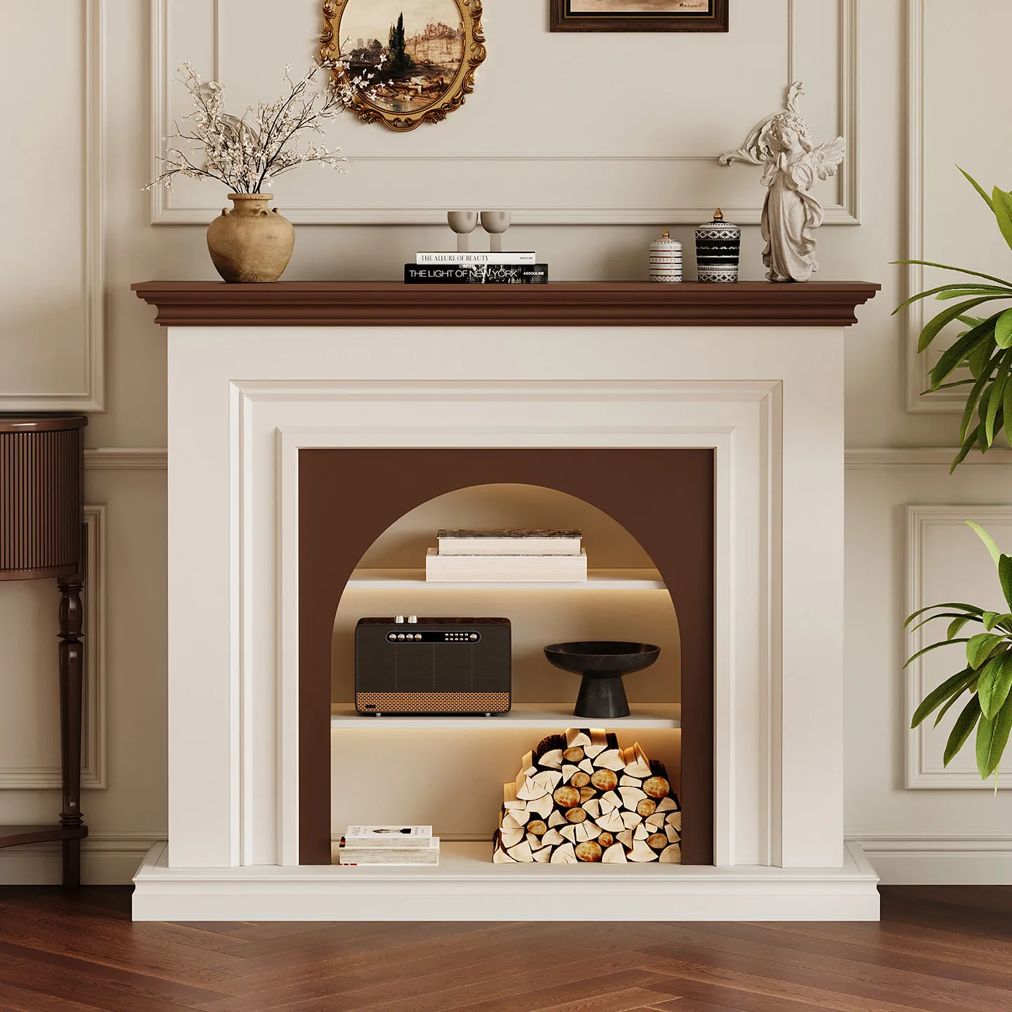 French fireplace decorative cabinet, living room flame simulation fire, antique door cabinet, American shelf, facing the door