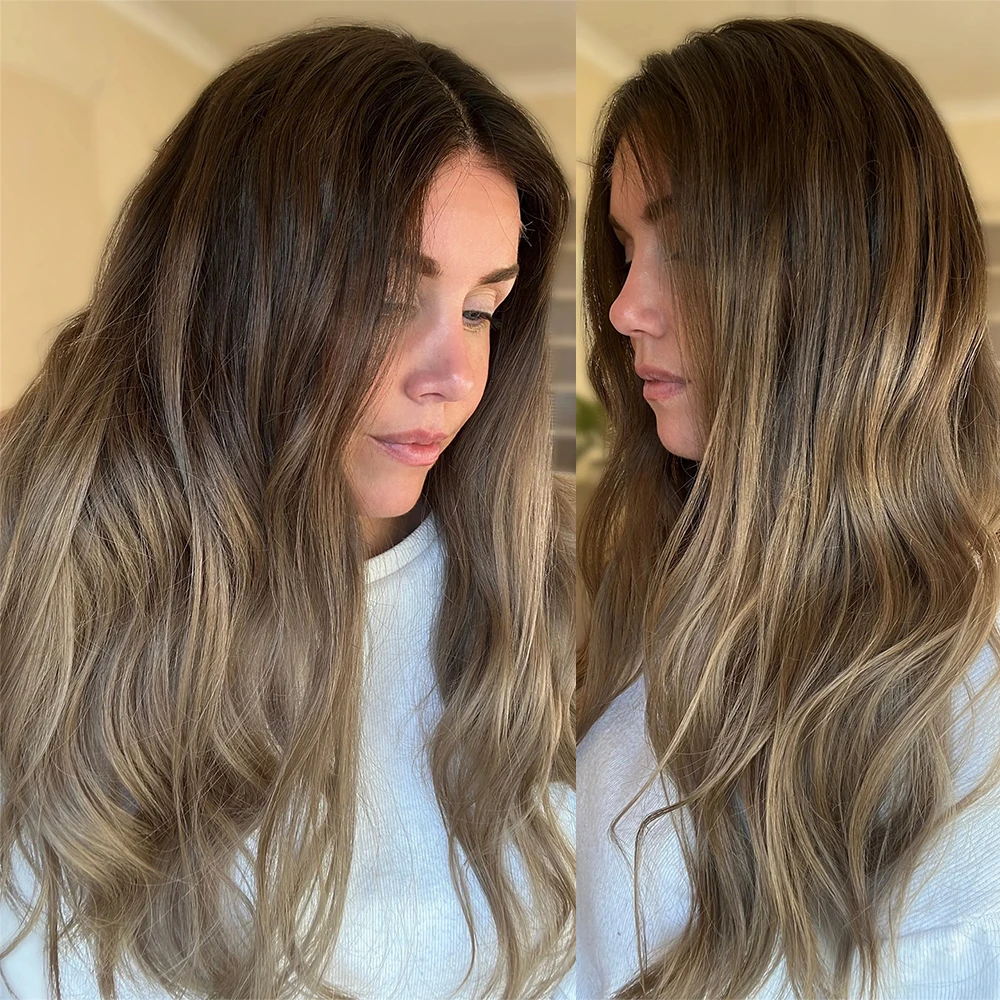 

Длинные волнистые парики омбре: коричневые, блонд, синтетические, с центральным пробором, имитирующие натуральные волосы, термостойкие, с кружевной передней частью, для женщин