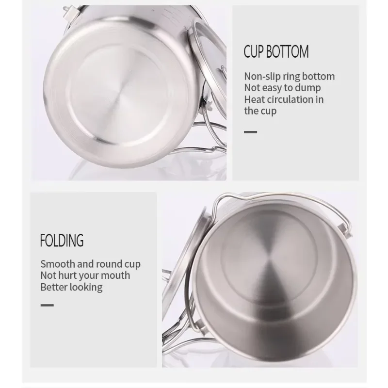 Stainless steel portable, coffee milk cup, cooking cup with collapsible handle and lid, cooking pot