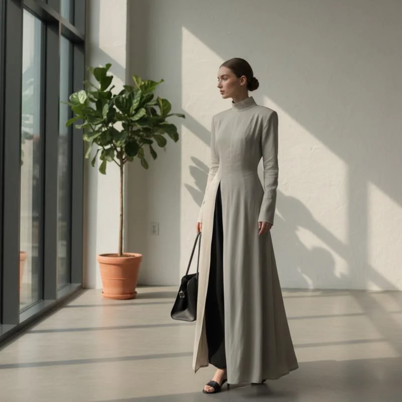 

Spring Fashion Women French Maxi Dress High Neck Long Sleeve High Waist Split Elegant Dress For Office Daily Commute Party Wear