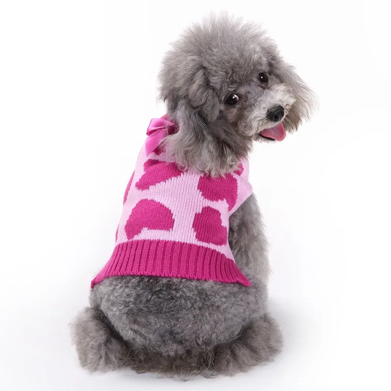 Dog Love Sweater Autumn Winter Christmas Pet Sweater Rose Red Love Bow Cat and Dog Clothes Pet Warm Bottoming Shirt Pet Supplies