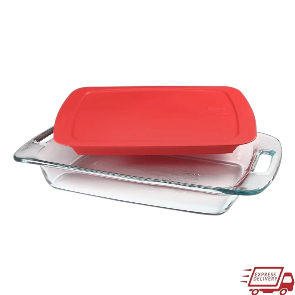 Plato para hornear de vidrio de fácil agarre con tapa roja, horno portátil, apto para microondas, utensilios de cocina sin BPA, 3 cuartos, no poroso, ergonómico