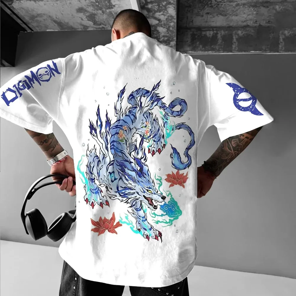 2026 New Anime Digimon Garurumon Printed T-Shirt Men's and Women's Fashion Breathable T-Shirt Men's Tops