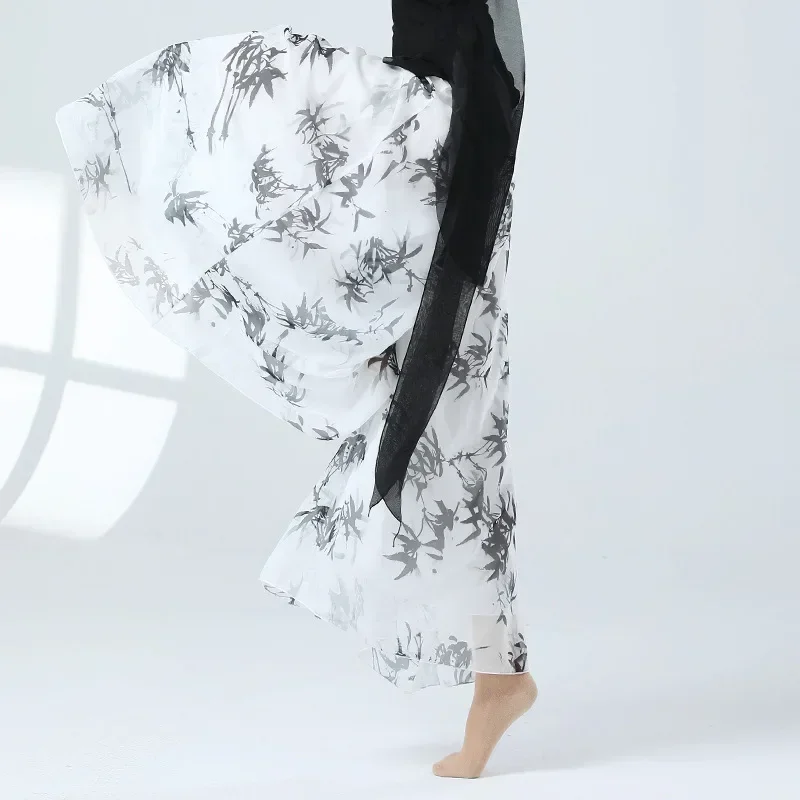 الصينية الكلاسيكية الرقص السراويل النسائية أداء فضفاض Dancewear أوراق الخيزران الحبر الطباعة الملابس ممارسة واسعة الساق كولوتيس