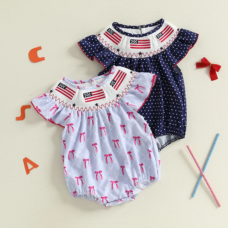 

Independence Day Baby Girl Patriotic Romper Casual Plaid Print Flag Embroidery Summer Fly Sleeves Jumpsuit Newborn Clothes