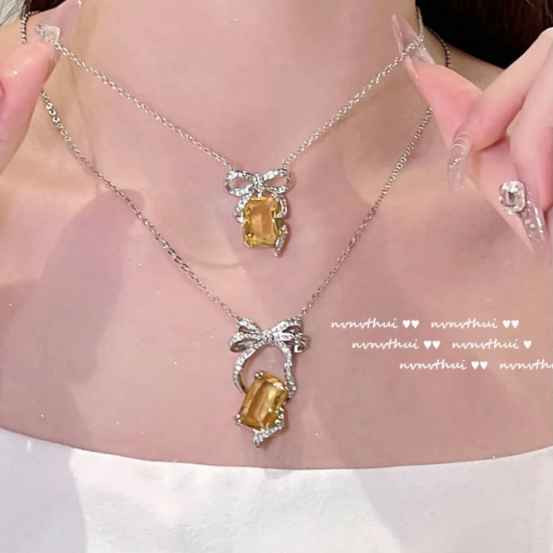 

Canary Tourmaline Gemstone Bow Necklace Star River Bright Plating18KGold Goose Yellow Zircon Butterfly Earrings