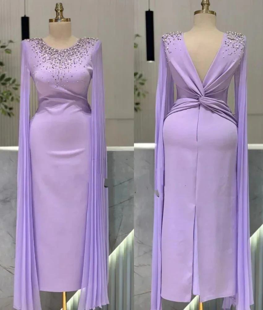 

Customized Exquisite Jersey Straight Sequined Beading Pearls Crystal Evening Dress High Quality Long Sleeves Homecoming Gowns