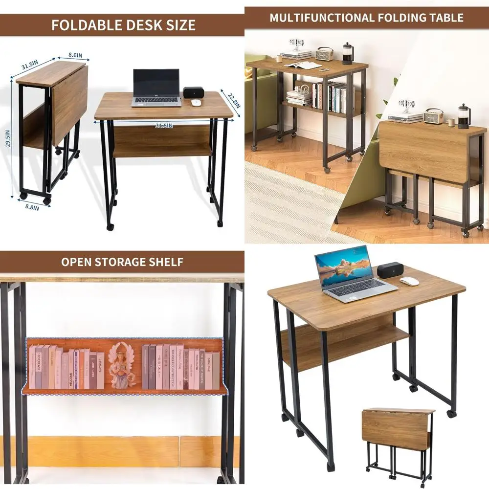 

6-Wheel Portable Desk with Storage Shelves for Small Spaces, Suitable for Computer, Office, Bedroom, Living Room - Brown