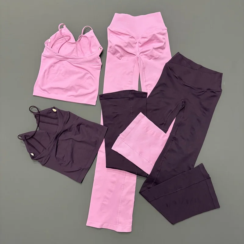 2Pcs Women Gym Set Vision Twist Front Longline Top And Cross Flares Leggings Seamless Yoga Sportwear Fitness Workout Sports Sets