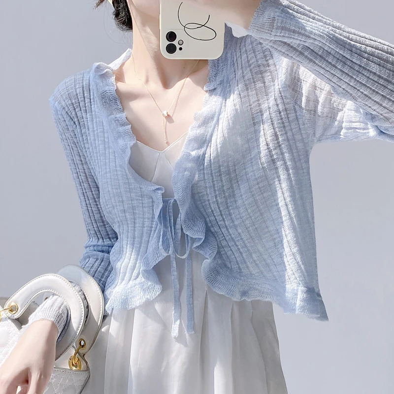 Ruffled Trim Tie Front Long Sleeve Crop Top Women Ribbed Knit Cardigan Sweater Shrug Top Summer Teen-girl Fairycore Outfit