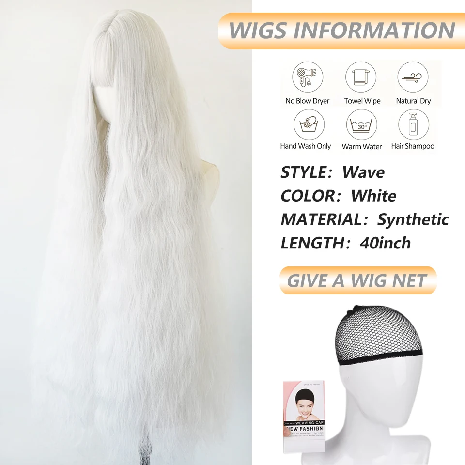100cm Synthetic Cosplay Wig With Bangs Natural Fluffy White Pink Green Orange Wigs for Women Lolita Wig Heat Resistant
