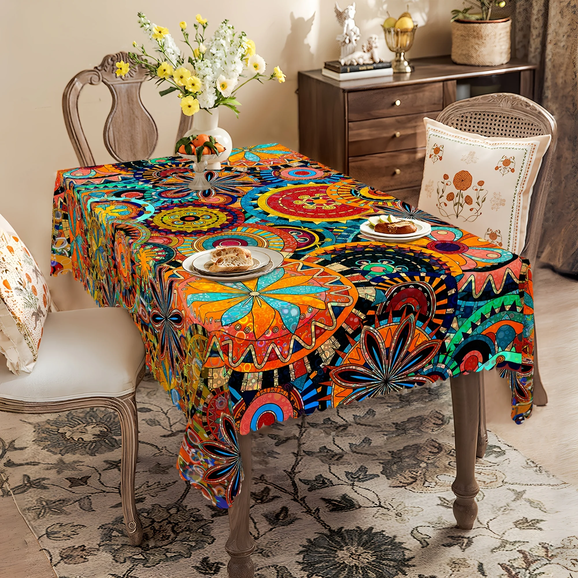 1pc Vibrant Bohemian Mandala Kashmir Paisley Polka Dot Print Tablecloth, Rectangular Machine Woven Table Cover for Festive Party