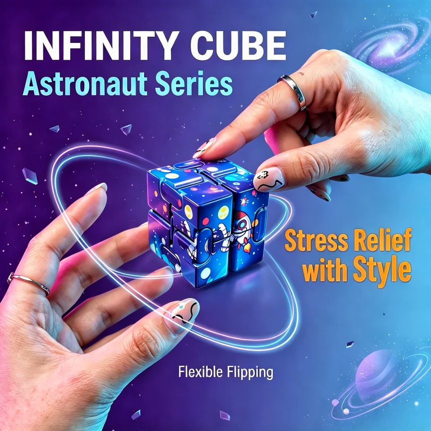 Galaxy Print Infinity Flip Cube, Astronaut Space Design Stress Relief Desk Decor,Pocket Portable Fidget Decompression Ornament