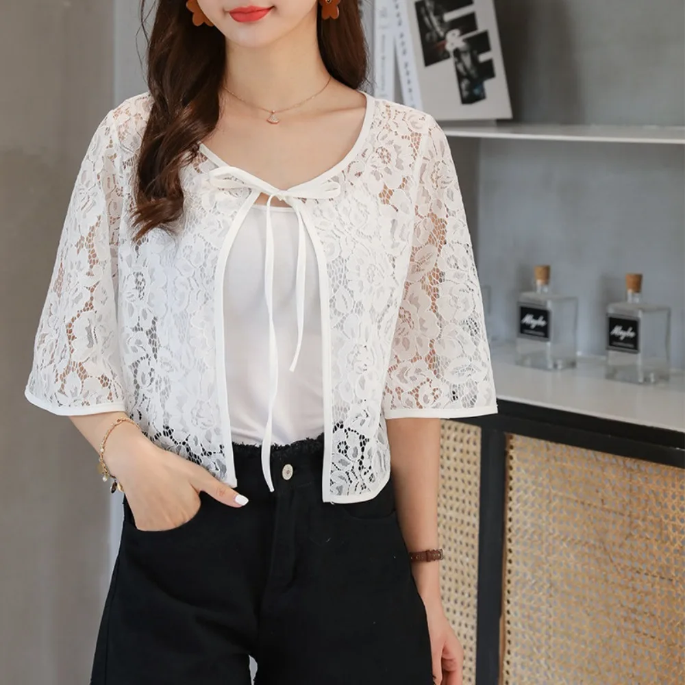 Flower Mesh Small Shawl Jacket Transparent Hollow Lace Cardigan Shirt Beach Shirts Coat Short Sleeve