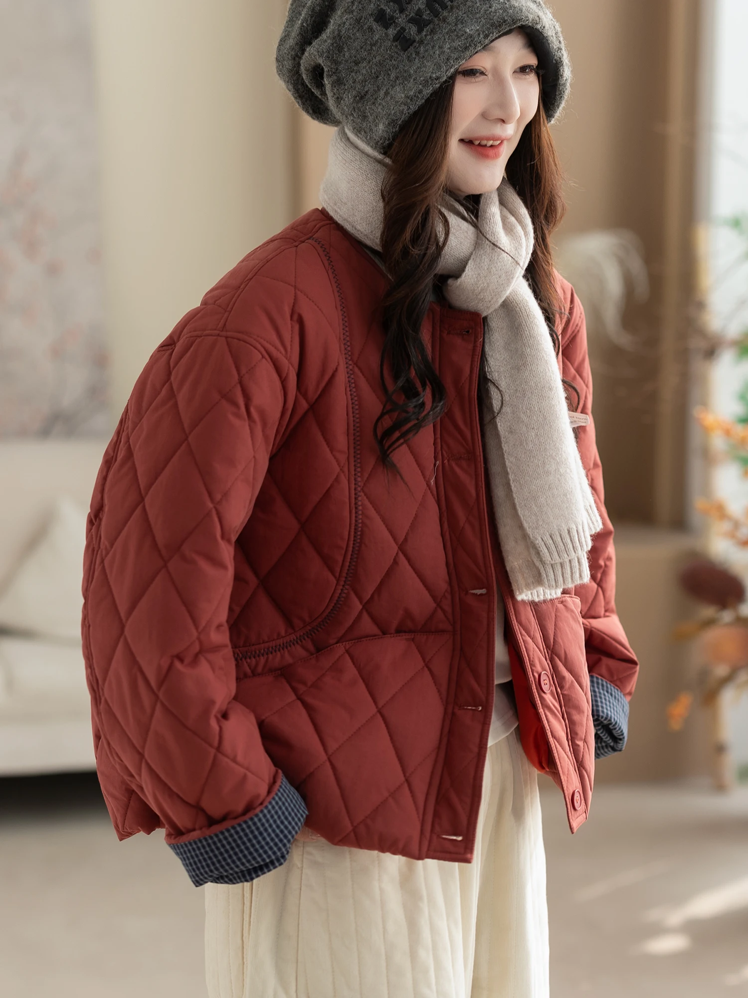 

Casual Faionable Women's Cotton Jaet Loose Fit Splice Sle In-Sle Winter Coat Long Sve round Ne Single Button Clo...
