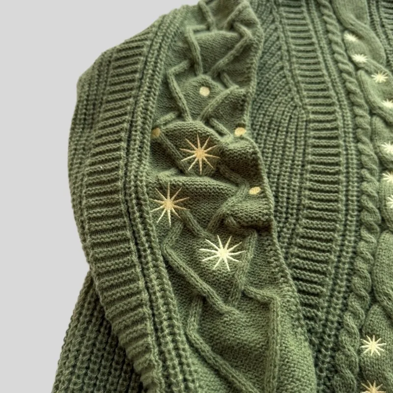 Season Knitted Cardigan Women Seven-pointed Star Embroidery Green Sweater Female Holiday Soft Long Sleeve Cardigans Fashion Tops view 4
