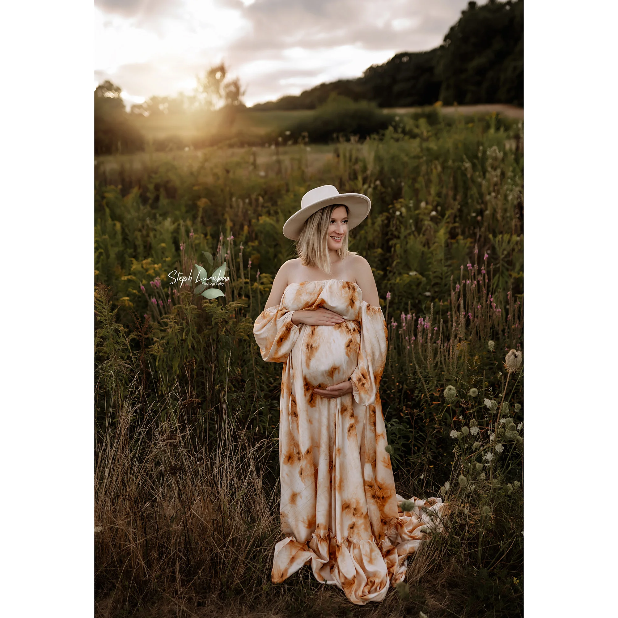 Don&Judy Off Shoulder Tie-Dye Print Chiffon Maternity Maxi Dress Lantern Sleeve Elastic Waist Floor Length Gown with Ruffle Hem
