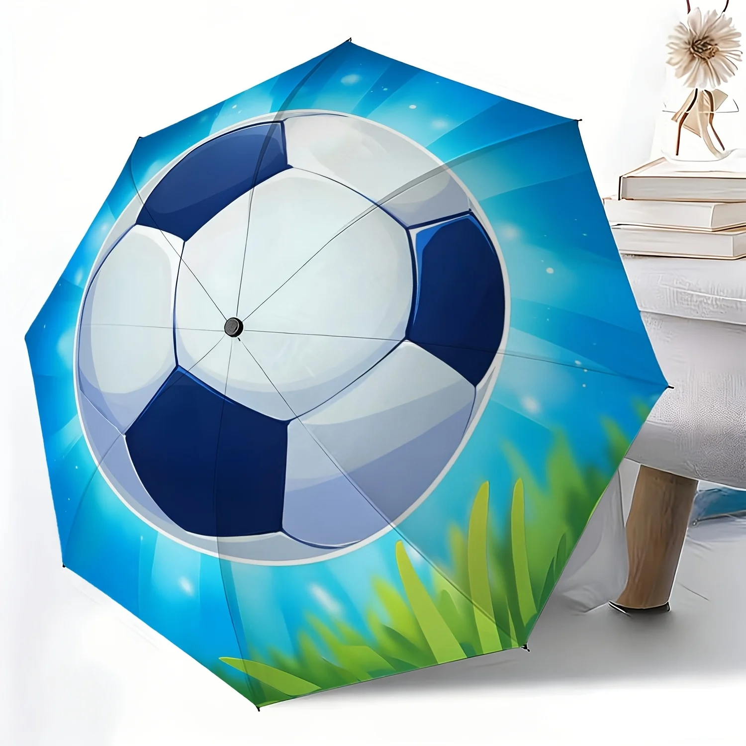 

1 шт. Синий портативный складной зонт для футбола на траве с функцией вращения и прыжков, прочная железная каркасная конструкция, дизайн с железными стержнями