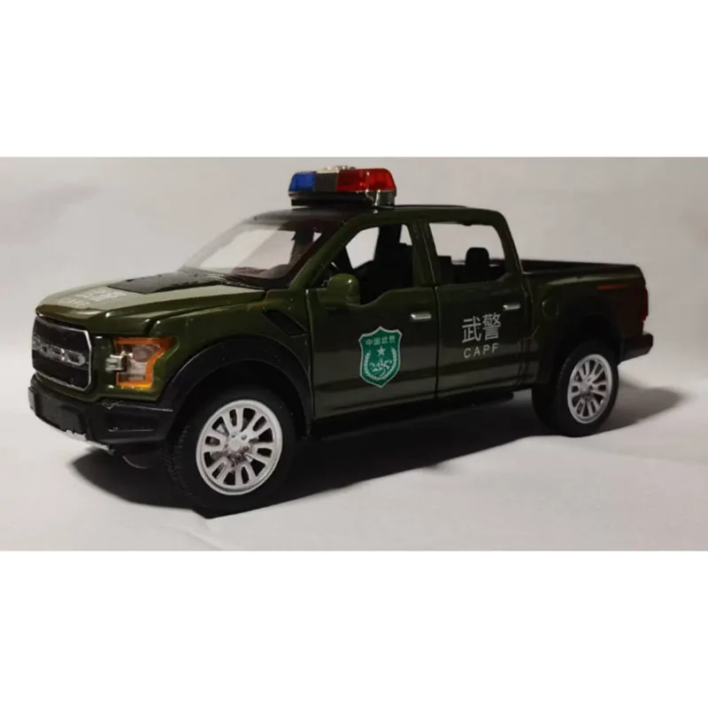 Camião Ford Classic Metal para crianças, escala 1:32 carro de polícia Diecast, luz para trás, carros modelo, presentes de brinquedo, coleção