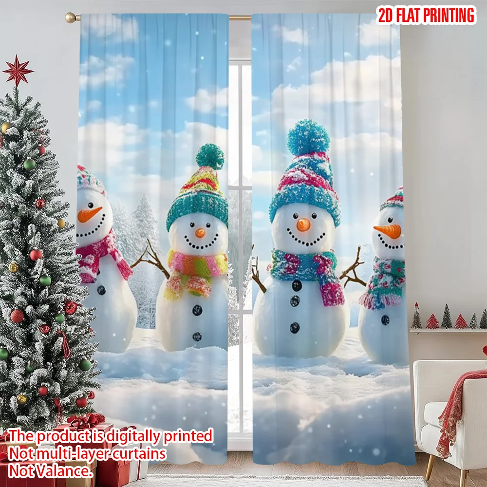 

2pcs 2D flat printing Merry Christmas Popular Party Window Curtains Snowman Family Versatile Polyester Without Electricity