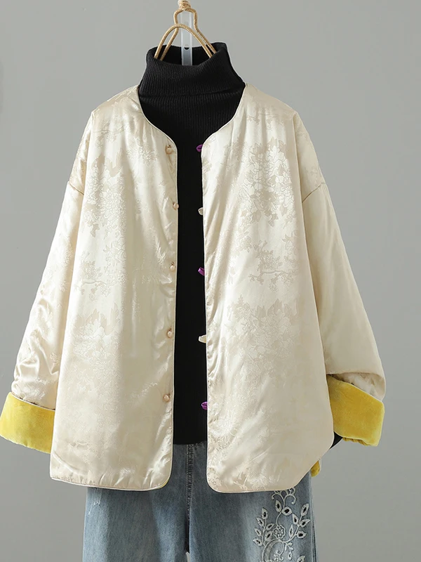 

Yellow Velvet Jaet with Cotton Winter Sle Chinese Ethnic Button Women's High End Cotton Filled Coat No Tag