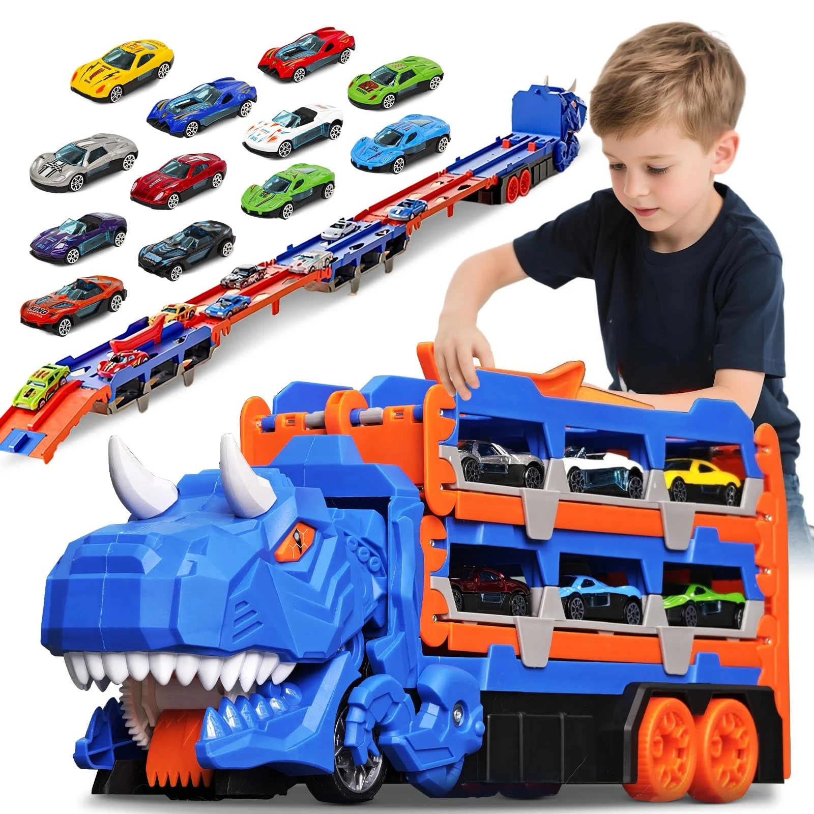 Dinosaur Transport Truck Toy Race Track Folding Dino Carrier Car Set with Mini Cars Gifts for Kids Boys Ages 3-5 Toddlers Toys