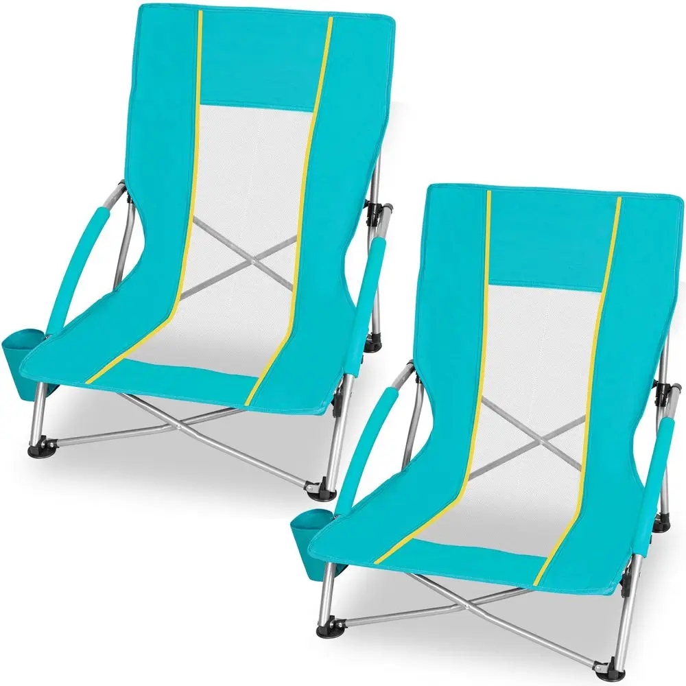 2 Pack Lightweight Low Beach Chairs with Breathable Mesh Back,6LBS Folding Portable Sand Chairs with Cup Holder, Heavy Duty 300
