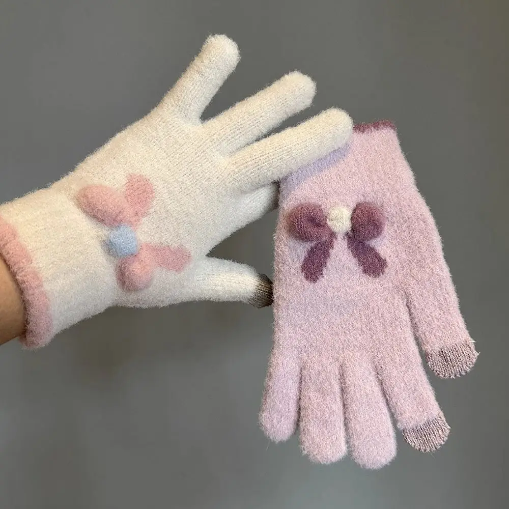 Elastic Thicken Warmth Women Knitted Gloves Bowknot Touch Screen Winter Gloves Windproof Soft Warm Mittens