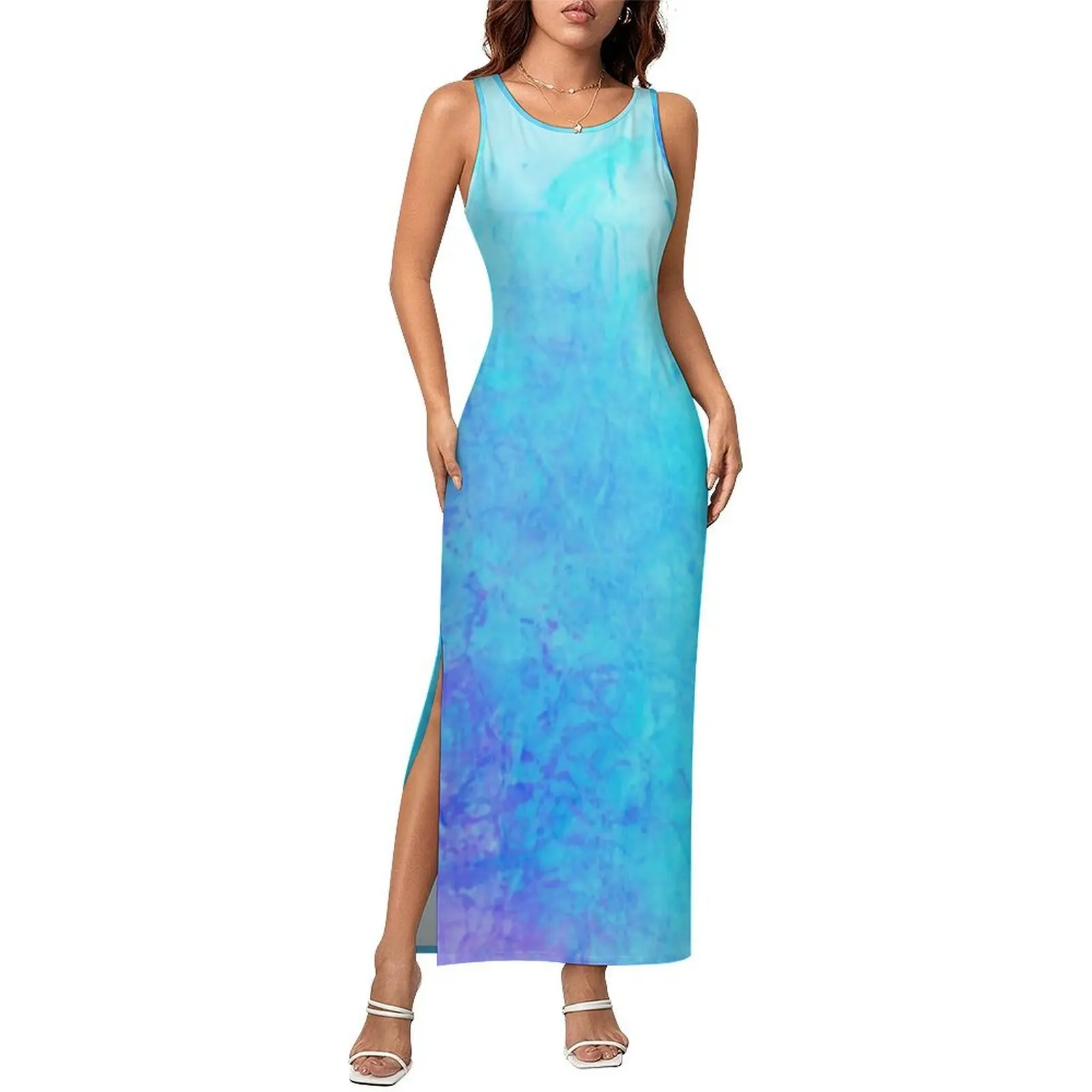 Blue Splash Dress Sleeveless Ombre Print Casual Y2k Maxi Dresses Retro Bodycon Dress Female Design Oversized Clothes