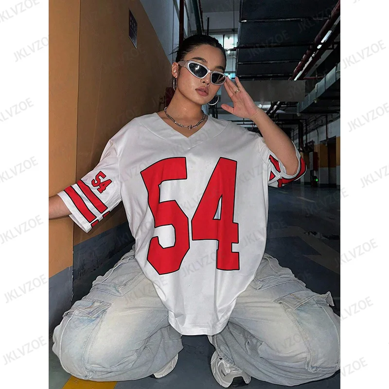 Europe America Fashion Plus Size V-Neck Short Sleeve Printed Casual Tee Number 54 Rugby Football Jersey Breathable Sport Tshirt